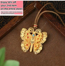 Butterfly Pendant Necklace 18K Gold Plated Ethnic Enamel Gemstone Jewelry Gift