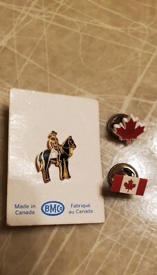 3 Canada Pin Back Lapel Pins flag, Maple Leaf, and Cloissone man on horseback