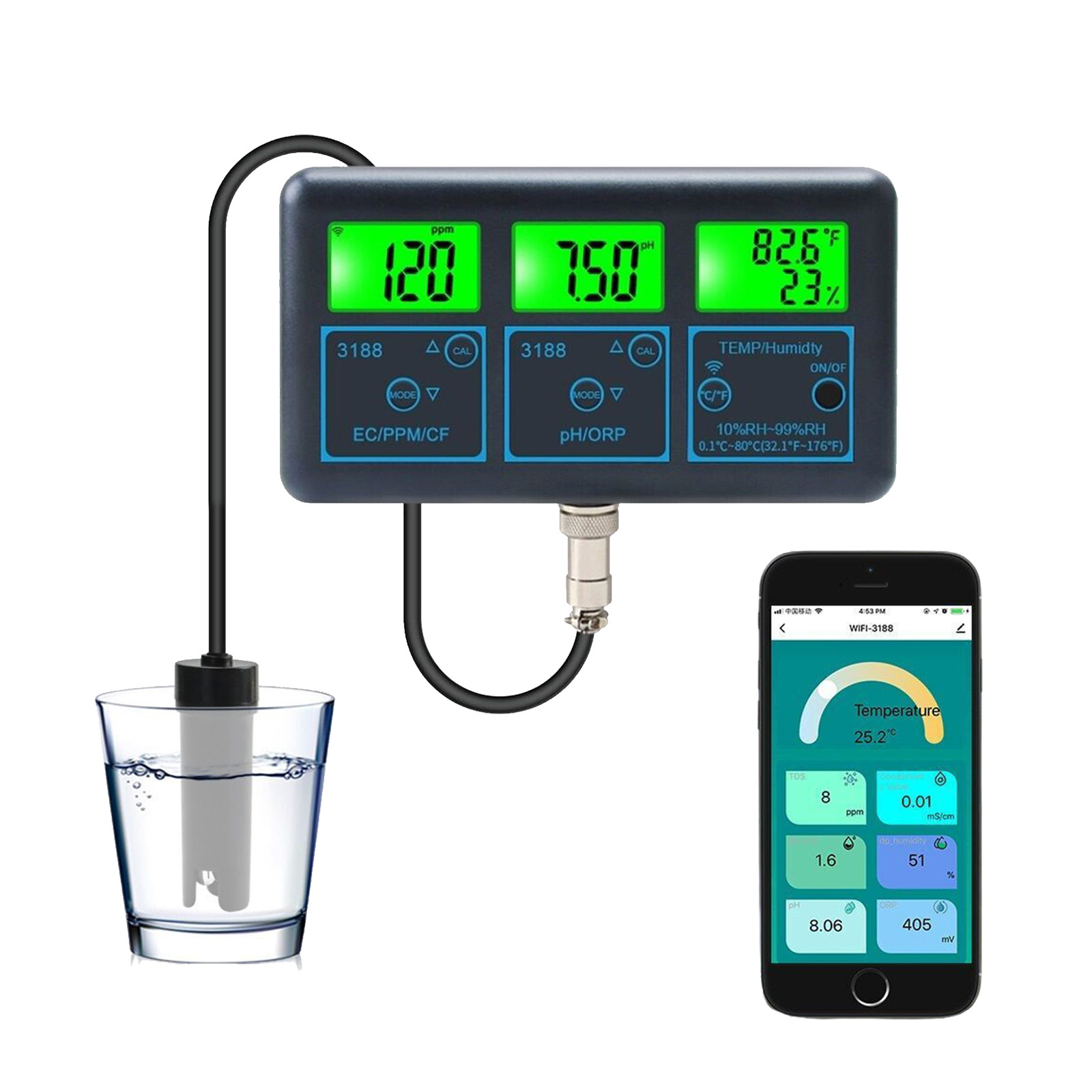 Smart Monitor Fish Tank WIFI SPA Pool Water Quality Meter PH ORP EC PPM Tester