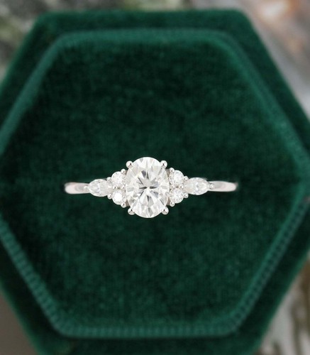Lab Created Oval engagement ring vintage unique Cluster Diamond sterling silver - Picture 5 of 8
