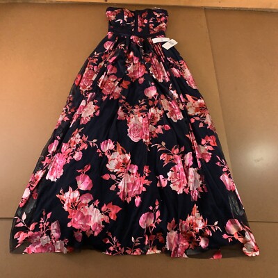 TEEZE ME Juniors 7/8 Navy Pink Floral Strapless Full-Length Fit Flare Dress NWT