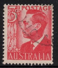 AUSTRALIA 1951  3d SCARLET KING GEORGE VI  STAMP VFU.