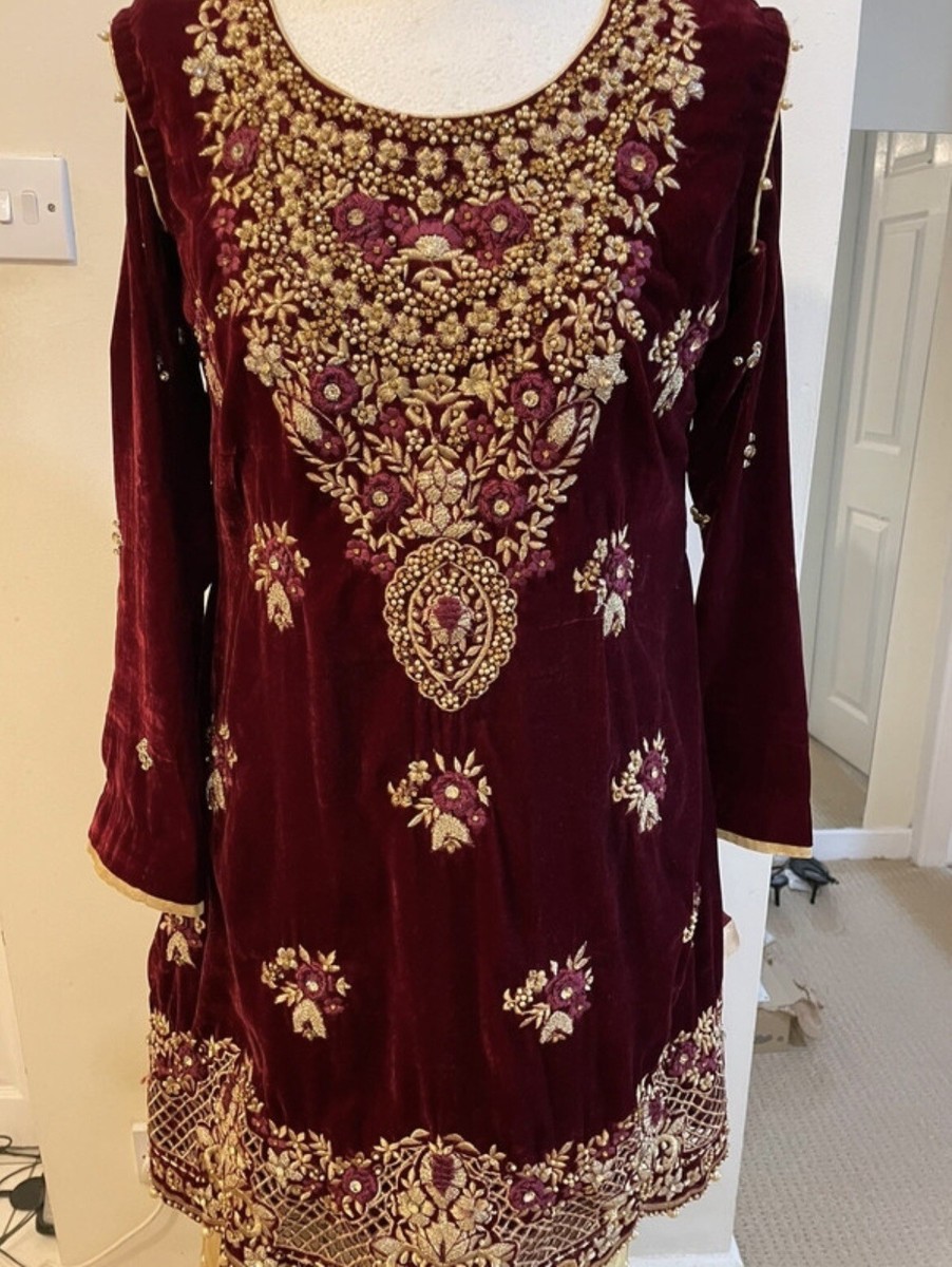 Pakistani Asian wedding Designer Dress Maroon/gold Velvet Dress With  Gharara | eBay UK