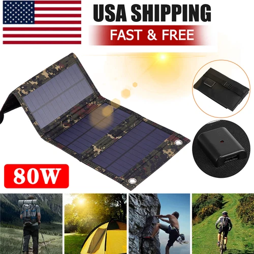 80W USB Solar Panel Folding Power Bank Outdoor Camping Hiking Phone Charger US