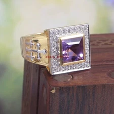 Natural Amethyst Gemstone with Gold Plated 925 Sterling Silver Men's Ring #189