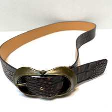 Vintage Womens Brown Leather Embossed Double Buckle Belt Made in Italy Size M