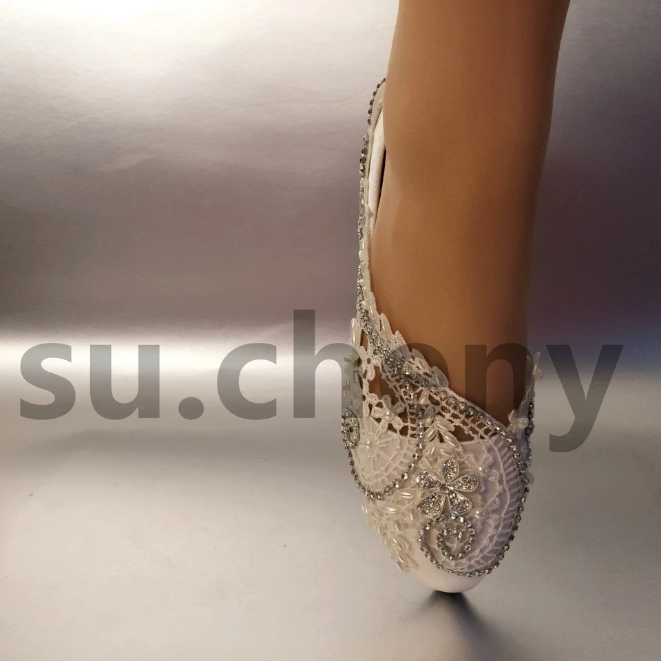 su.cheny шелк атлас белый слоновой кости кружева жемчуг со стразами плоский свадебные туфли - Изображение 3 из 4
