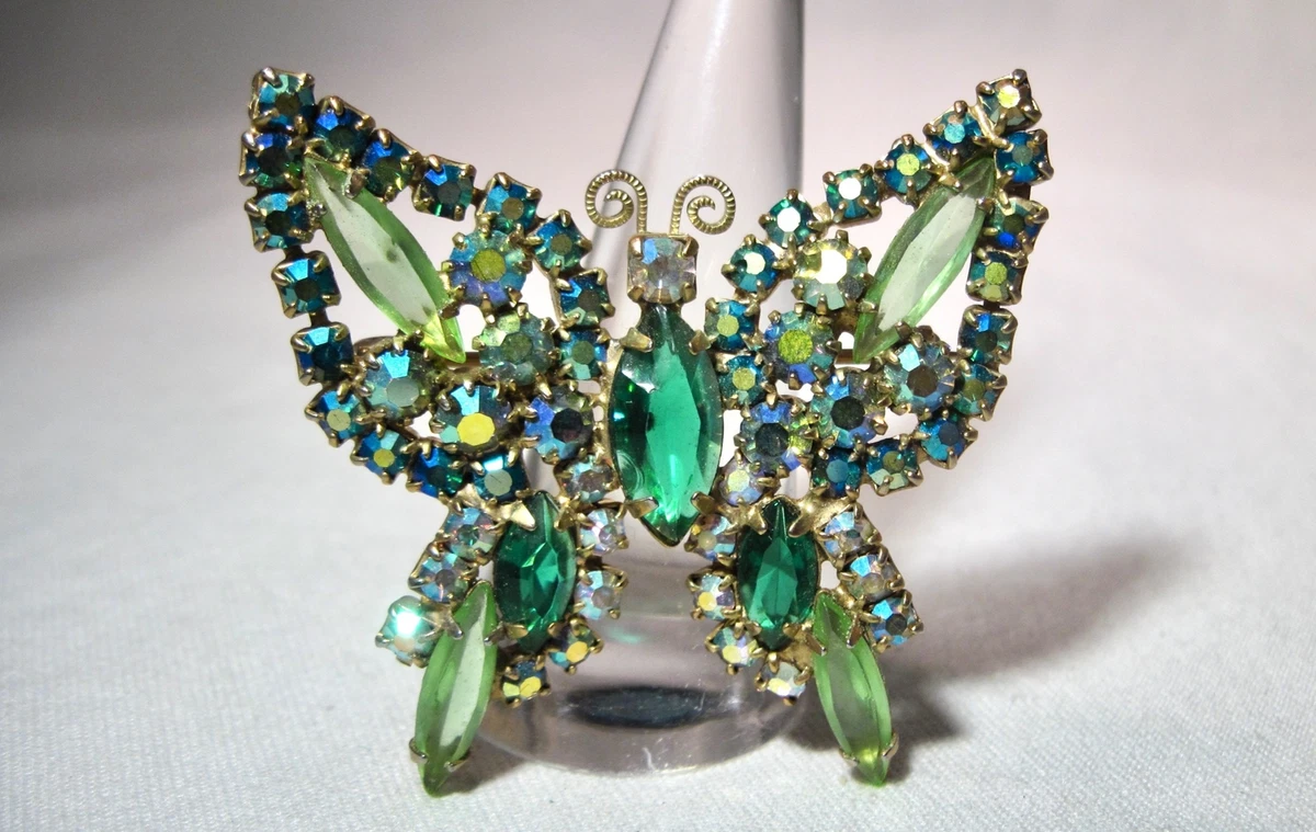 Vintage Green AB Crystal Juliana Rhinestone Butterfly Brooch Pin