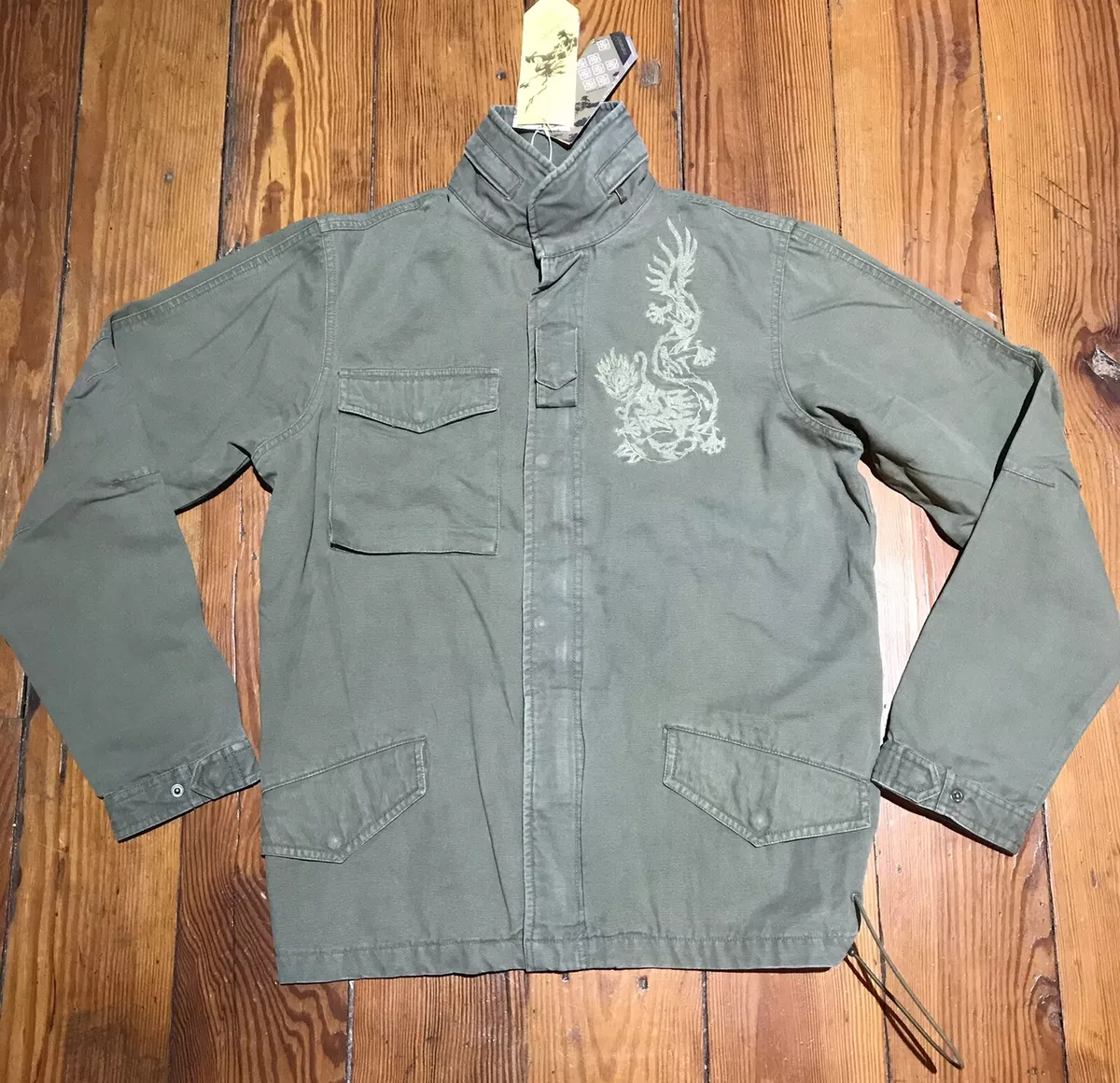 Maharishi M Jacket Coat Canvas Dragon Embroidered Summer Olive Green Khaki