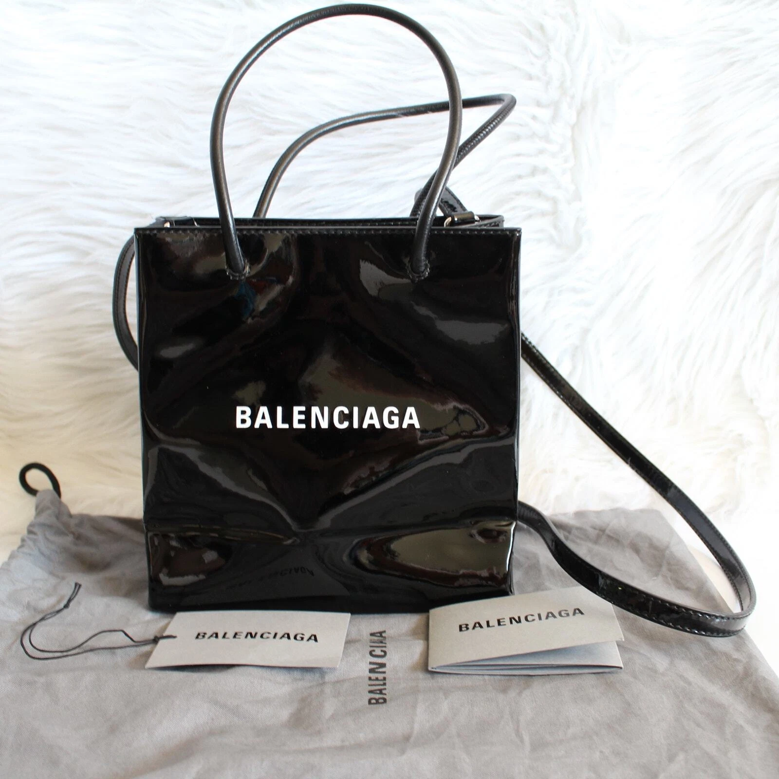 Balenciaga Shopping XXS Black Patent Leather Logo Tote Bag Shopper Crossbody