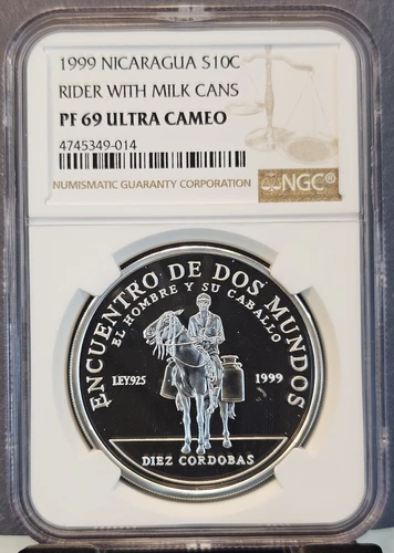 1999 NICARAGUA SILVER 10 CORDOBAS RIDER WITH MILK CANS NGC PF 69 ULTRA CAMEO !