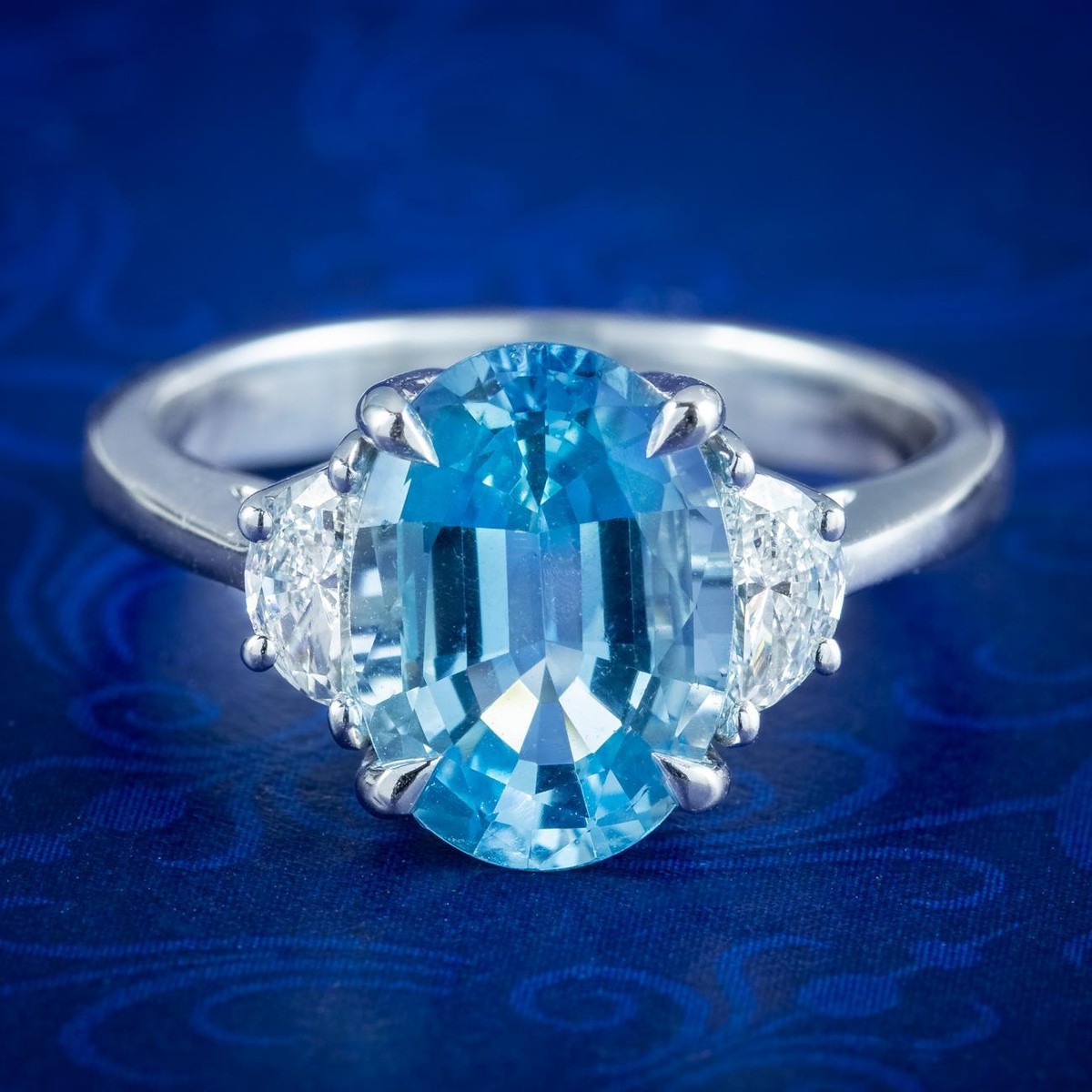AQUAMARINE HALF MOON DIAMOND TRILOGY RING 3CT AQUA UK