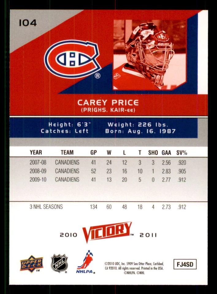 2010-11 Upper Deck Victory #104 Carey Price Montreal Canadiens - Image 2 of 2