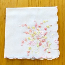 Vintage Handkerchief Hanky Embroidered Pink Green Flowers Scalloped Edge 10"