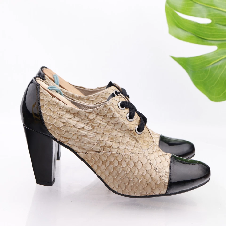 ALL-BLACK Women's Pump Oxford Size 40.5 10 Block Heel Tan Snakeskin Cap Toe Shoe - Image 4 of 4