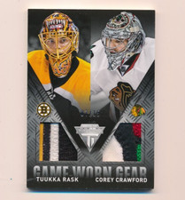 2013-14 TITANIUM GAME WORN GEAR PATCH TUUKKA RASK COREY CRAWFORD #GD-RC 07/15