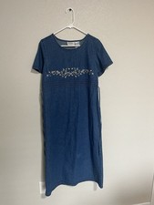 Erika Women's Denim Floral Embroidery Maxi Dress Size Medium