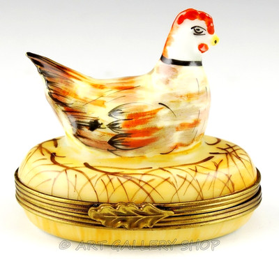 Limoges France Peint Main HANDPAINTED HEN ON EGG NEST TRINKET BOX