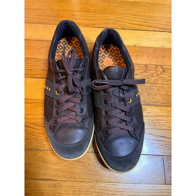 ECCO Mens Brown Leather Street Sneakers Suede Trim Orange Sole Size 43 EU 9 9.5