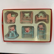 6 Vintage Mini Flocked Teddy Bears Blue  Pink Bears Old Store Stock Metal Toys