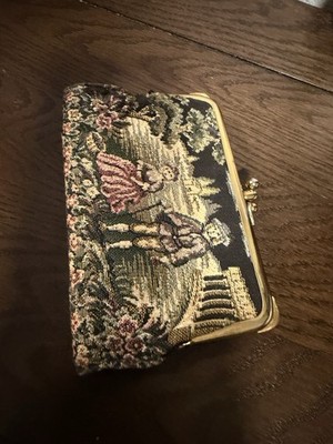 Vtg Baronet Tapestry Wallet/Clutch Victorian Scene 4 Flat & 3 Change Compartment