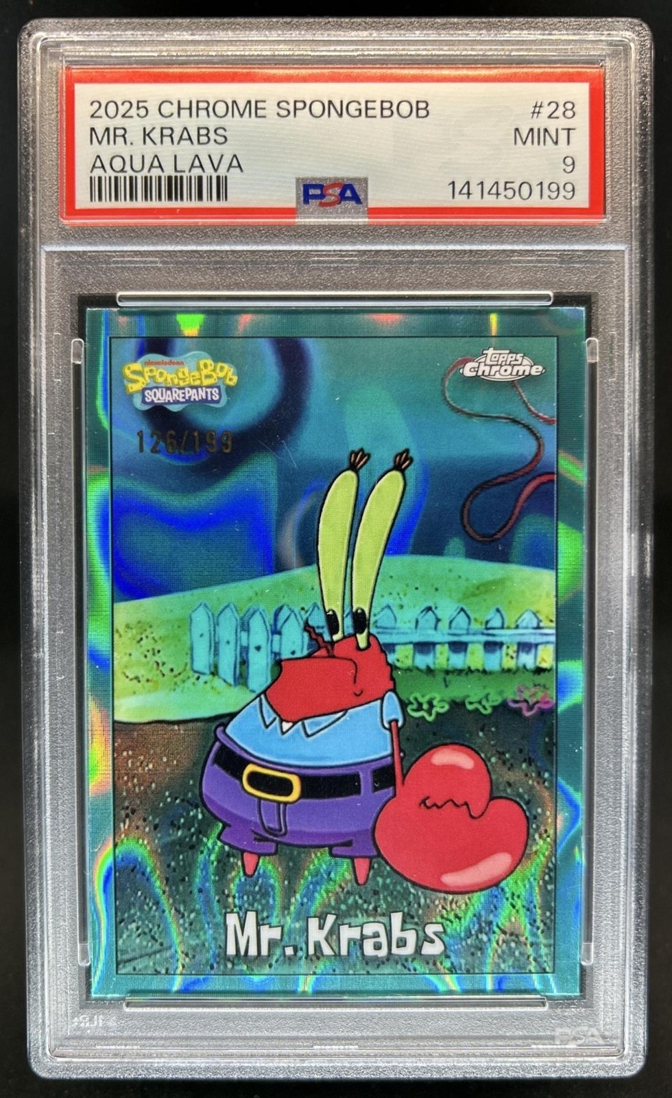 2025 Topps Chrome SpongeBob Mr. Krabs Aqua Lava Refractor #/199 PSA 9 view 1