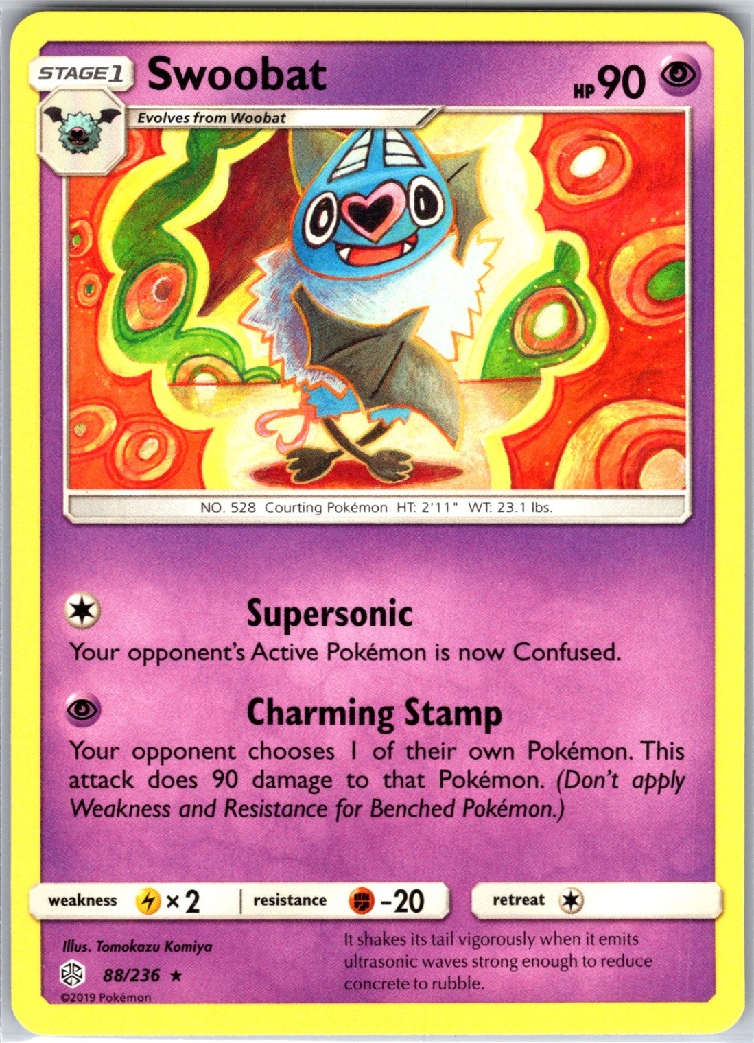 Swoobat 88/236 Rare Regular Card SM - Cosmic Eclipse Pokemon TCG NM