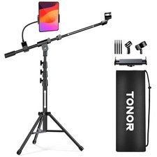 Microphone Stand with Tablet Holder, Tripod Boom Arm for Floor, Adjustable He...
