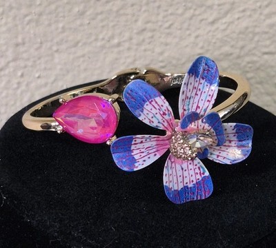 Betsey Johnson Purple Orchid Flower and Jewel Clamper Bangle Bracelet Gold Tone 