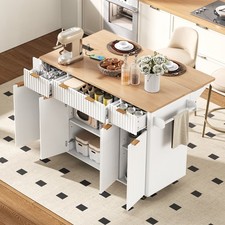 55.5" Fluted Kitchen Island w/Drop Leaf,Kitchen Storage Cart w/Power Outlet