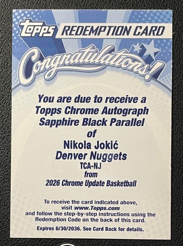 2025-26 Topps Chrome Update Nikola Jokic Black Sapphire Auto Redemption /10