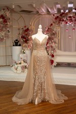 Champagne Gold Beaded Formal Gown Size 6 Corset Back Prom Wedding Dress