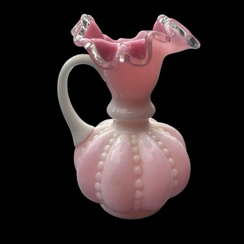 Vintage Fenton Pink and White Cased Peach Crest Pitcher/Vase, Beaded Melon
