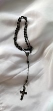 Antique VTG French Catholic Rosary 18” Ebony Wood Beads Crucifix Cross “France”