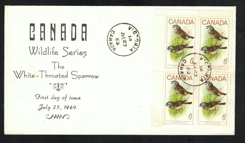 Canada #496, 1969 6¢ Sparrow block of 4 on unknown FDC -Victoria cds
