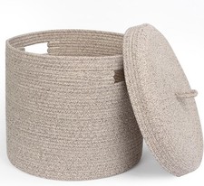 Storage Basket with Lid Woven Blanket for Living Room Soft Cotton Rope Bin Round