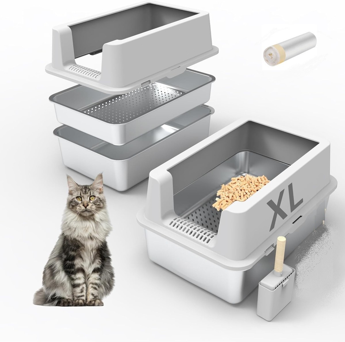 XXL Steel Sifting Litter Box for Pine Pellets, Enclosed with Lid
