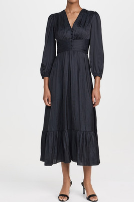 SHOSHANNA NWT $398 Clara Vintage Satin Blouson-Sleeve V Neck Empire Midi Dress 6