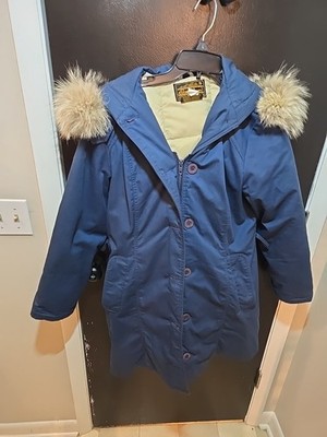 VTG Eddie Bauer Goose Down Jacket Coyote Fur Hood Blue Women Small/Medium?