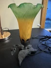 Vintage Tiffany Style Lily Tulip lamp, Amber & Green Glass Shade with Frog, 8 in