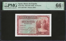 Spain, 10 Pesetas 1935 P-86a ☆ PMG 66 EPQ ☆ Gem UNC