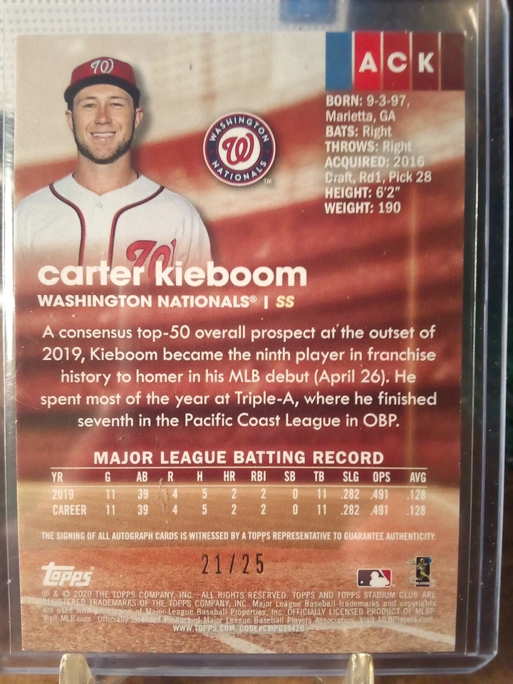 Carter Kieboom (2) 2020 Topps Stadium Club Autos Nationals - Image 4 of 4