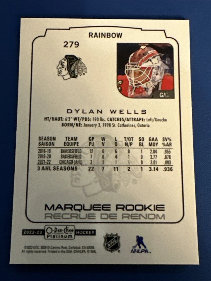 2022-23 O Pee Chee Platinum Marquee Rookie Rainbow 279 Dylan Wells Blackhawks - Image 2 of 2