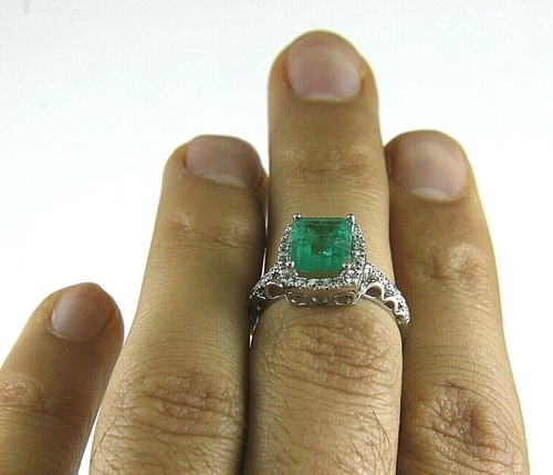 Natural Square Emerald Cut & Diamond Solitaire Ring 14k White Gold 2.33Ct - Picture 4 of 7