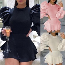 Elegant Puff Sleeve Ribbed Turtleneck Top Women's Exaggerated Knitted Blouse
