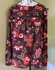 LOFT size S Burgundy Olive Floral Ruffles Chiffon Long Sleeve Blouse Top
