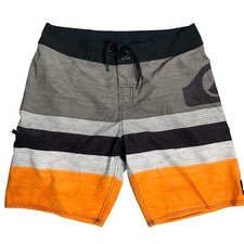 Quiksilver Board Shorts Swim Trunks 32 Grey Stripe Drawstring Hook Loop Pocket