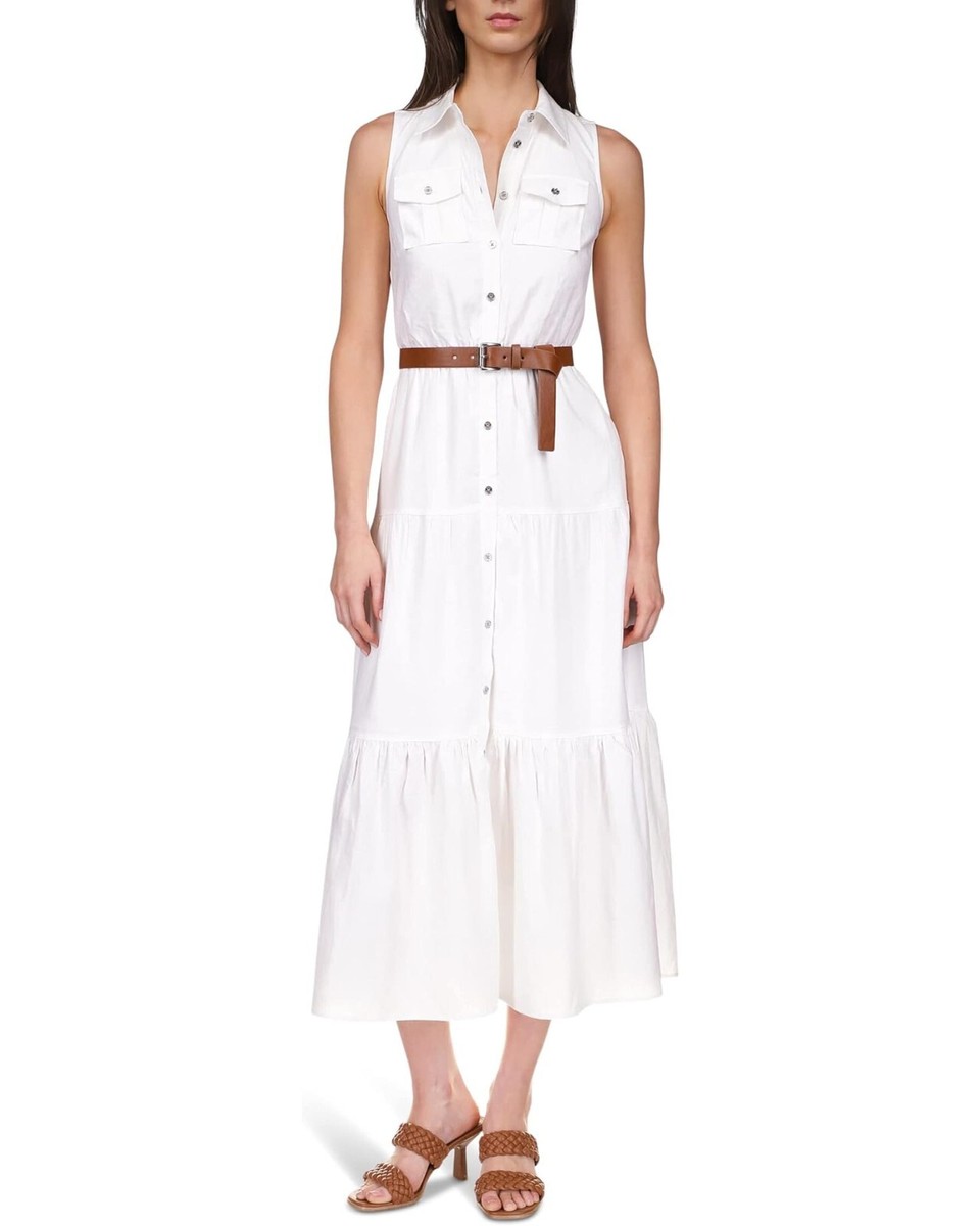 Michael Michael Kors Linen Slub Tiered Dress White L55012 Womens Size M