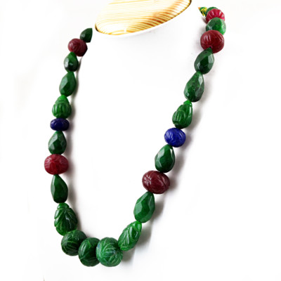 675.00 Cts Earth Mined Ruby, Emerald & Sapphire Carved Beads Handmade Necklace