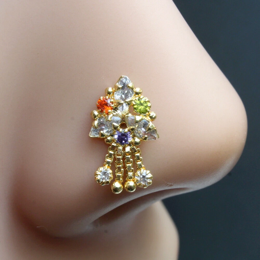 Traditional Dangle Indian Nose ring Multicolor CZ Twist nose ring